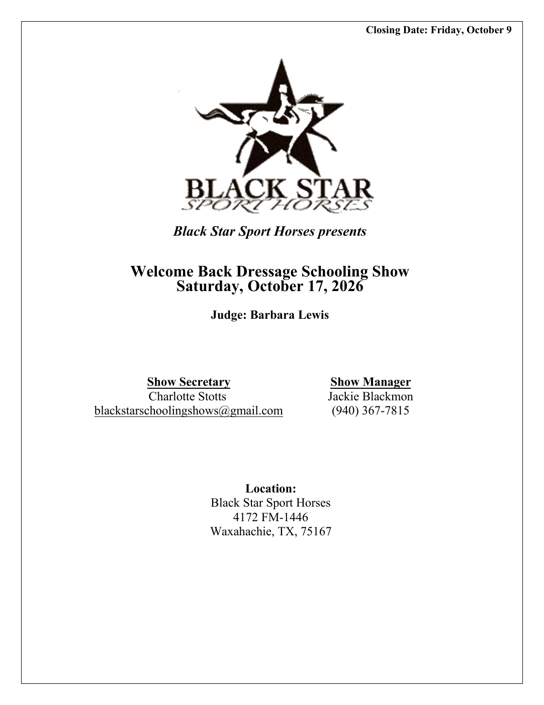 Black Star Welcome Back Dressage Schooling Show flyer